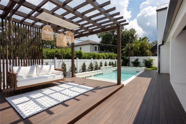 view of swimming pool featuring a deck, a fenced backyard, outdoor lounge area, an outdoor hot tub, and a pergola