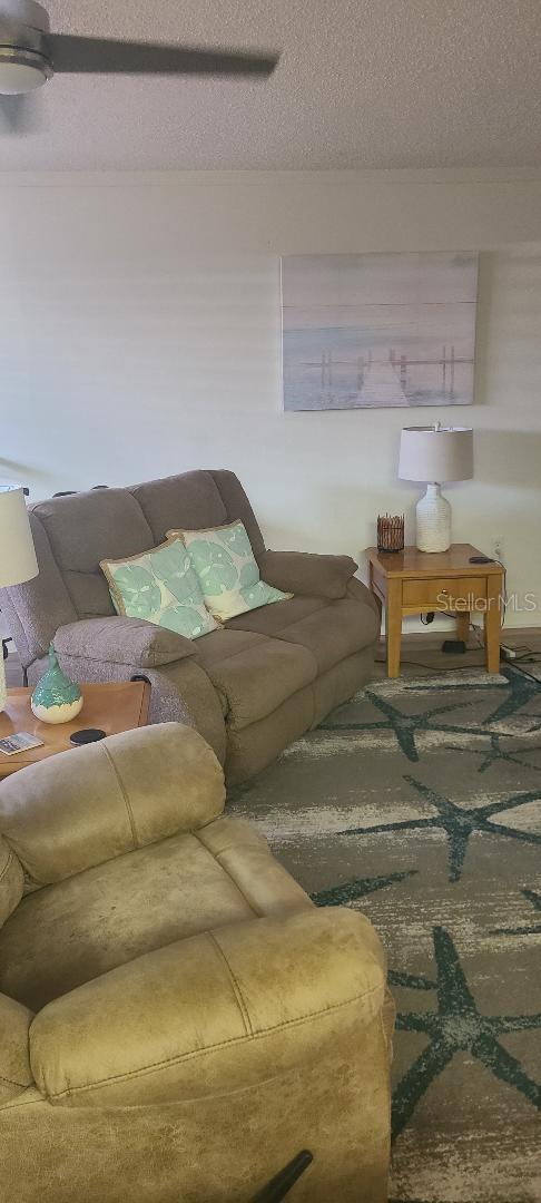 living room featuring a textured ceiling