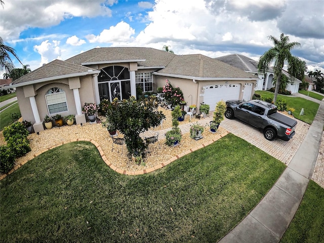 single story home featuring a front yard and a garage