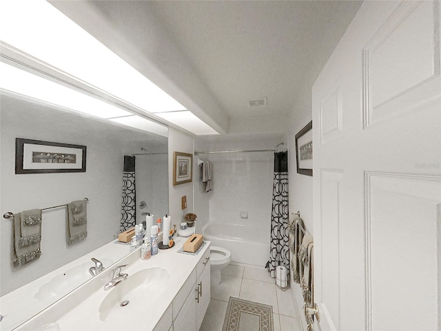 full bathroom featuring tile patterned flooring, shower / bath combo, vanity, and toilet