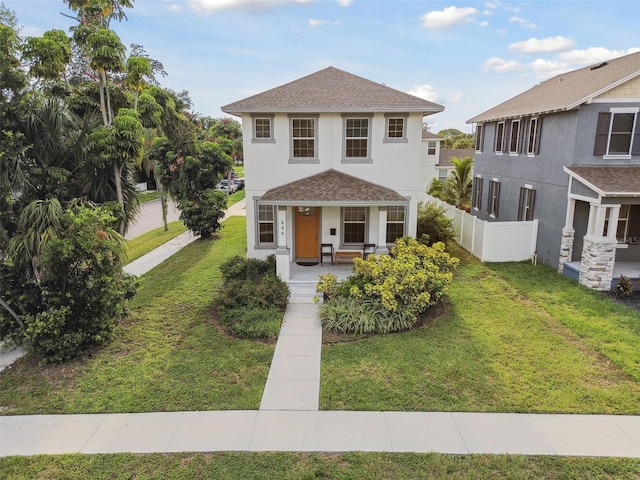 view of front of property featuring covered porch and a front lawn