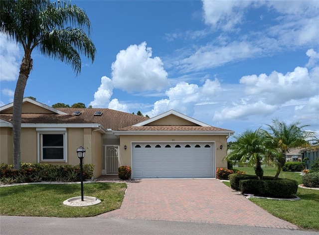 ranch-style house with a front yard, decorative driveway, an attached garage, and stucco siding