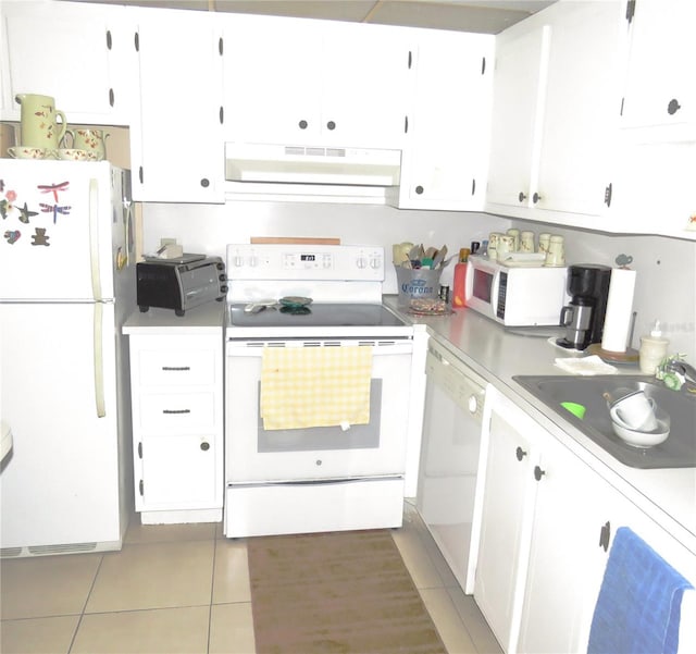 kitchen with white cabinets, sink, white appliances, and exhaust hood