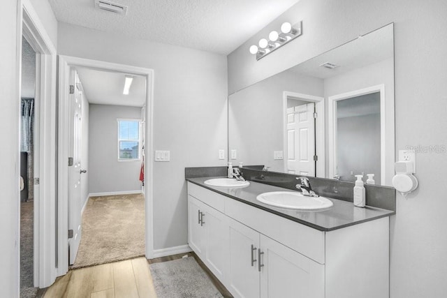 bathroom with vanity, wood-type flooring, and a textured ceiling