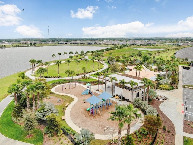 drone / aerial view with a water view