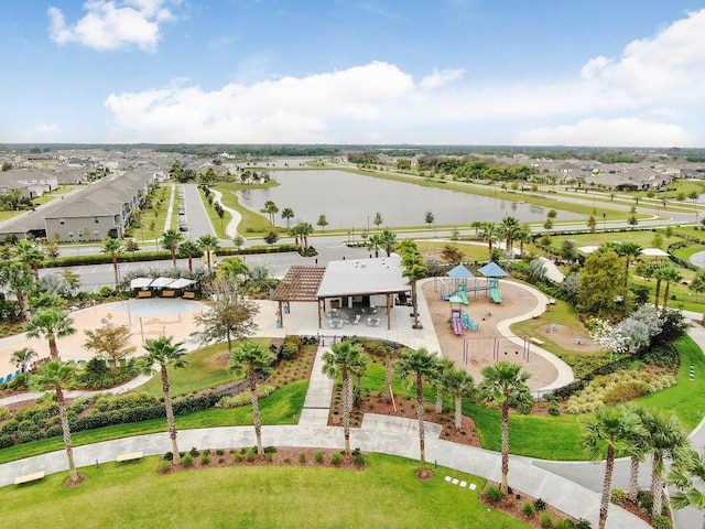 birds eye view of property featuring a water view