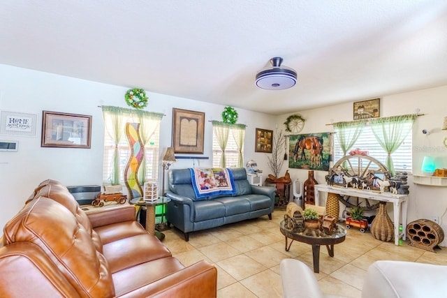 living room featuring light tile patterned flooring