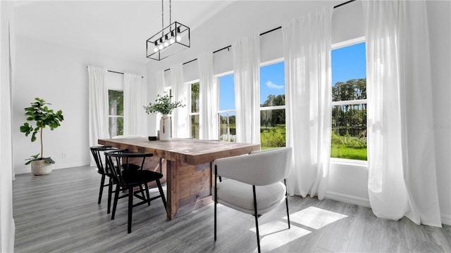 dining space with baseboards and wood finished floors