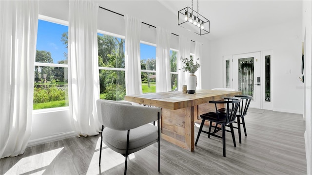 dining space with baseboards and wood finished floors