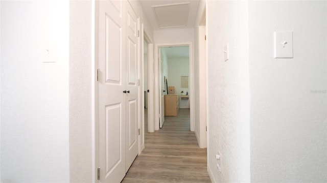 hallway with light wood-style flooring and attic access