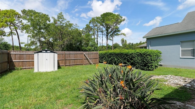 view of yard with a fenced backyard, an outdoor structure, and a shed