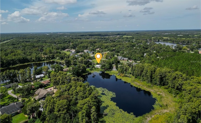 birds eye view of property featuring a water view and a wooded view