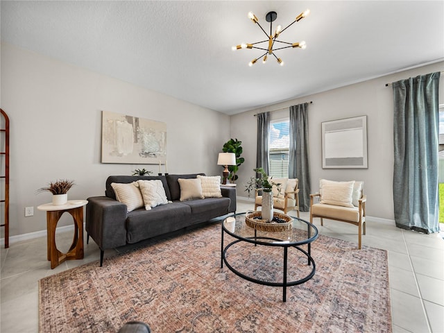 tiled living room with an inviting chandelier and a textured ceiling