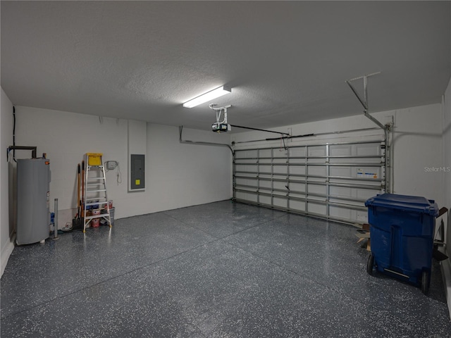 garage with a garage door opener, electric panel, and electric water heater