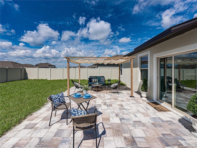 view of patio with outdoor lounge area and a pergola