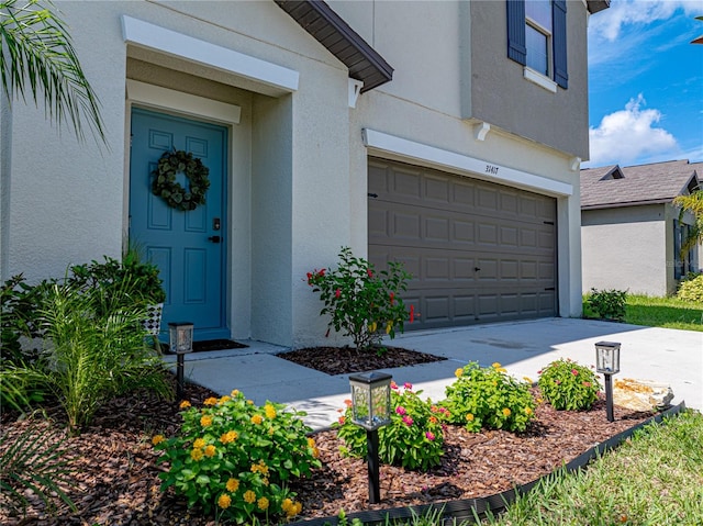 doorway to property with driveway, an attached garage, and stucco siding