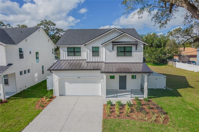 modern farmhouse featuring fence, a garage, a porch, concrete driveway, and a standing seam roof