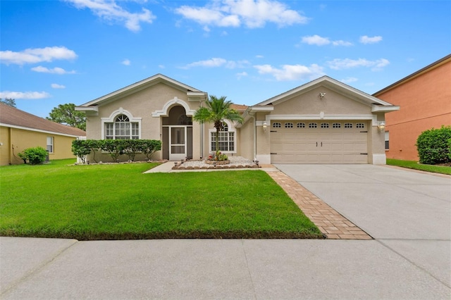 single story home with a front lawn and a garage