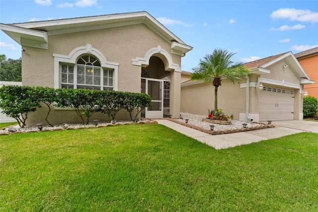 ranch-style house with a garage and a front lawn