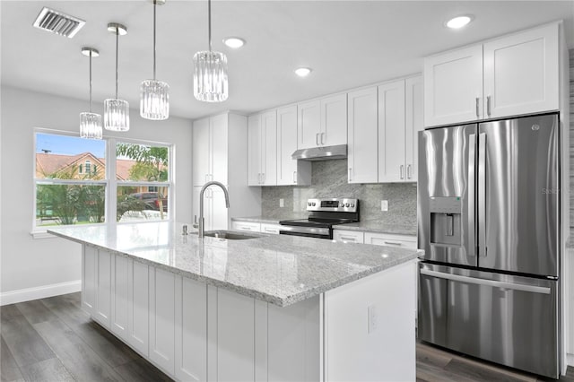 kitchen featuring white cabinets, a kitchen island with sink, sink, and appliances with stainless steel finishes