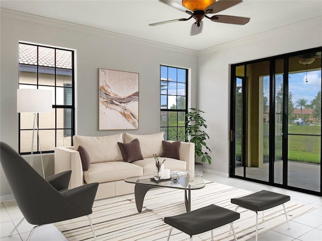 living room with ceiling fan, light tile patterned flooring, and ornamental molding