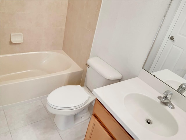 bathroom with toilet, shower / tub combination, vanity, and tile patterned floors