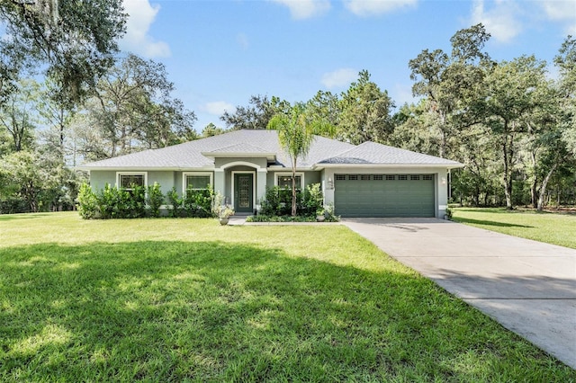 ranch-style house with a front yard and a garage