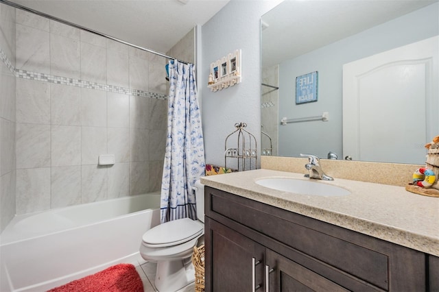 full bathroom featuring tile patterned floors, vanity, shower / bathtub combination with curtain, and toilet