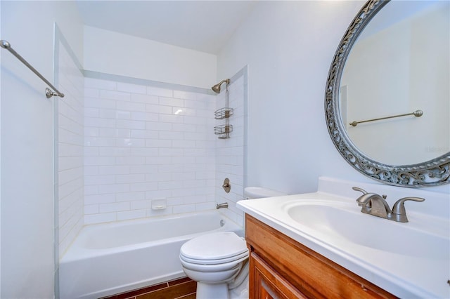 bathroom with shower / bathtub combination, wood finished floors, vanity, and toilet