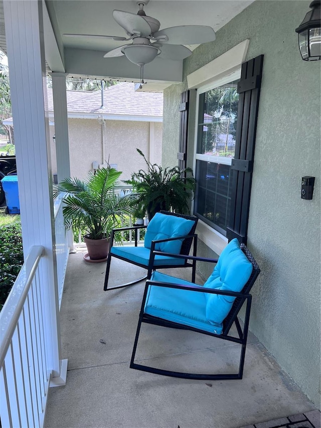 view of patio featuring a ceiling fan and covered porch