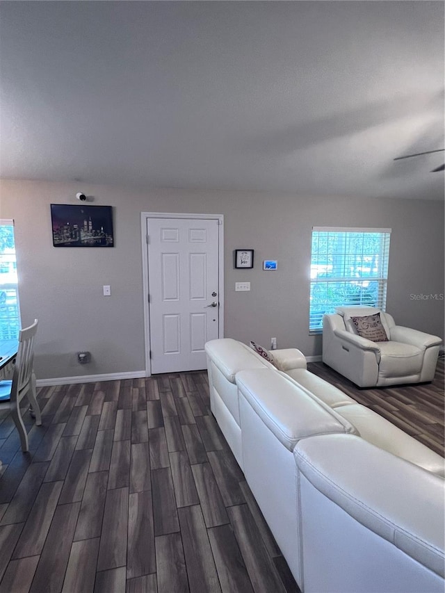 living room featuring dark hardwood / wood-style flooring and ceiling fan