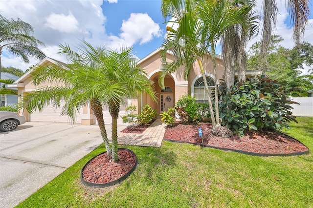 view of front of home featuring driveway, an attached garage, fence, a front lawn, and stucco siding