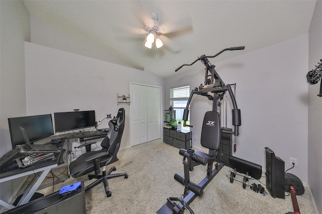 home office featuring a ceiling fan, lofted ceiling, and carpet floors