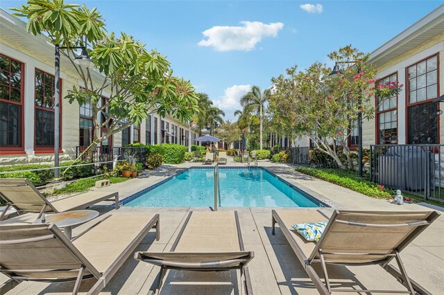 pool featuring a patio area and fence