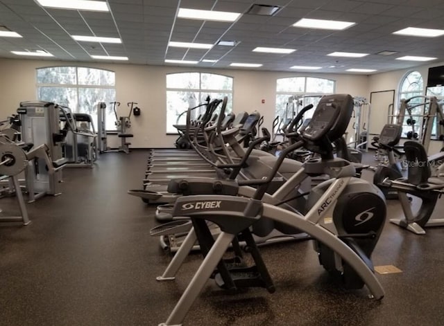 exercise room with a paneled ceiling and a wealth of natural light