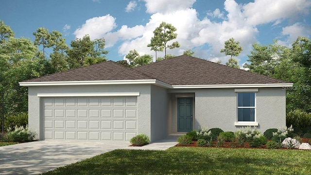 ranch-style home featuring a garage and a front yard