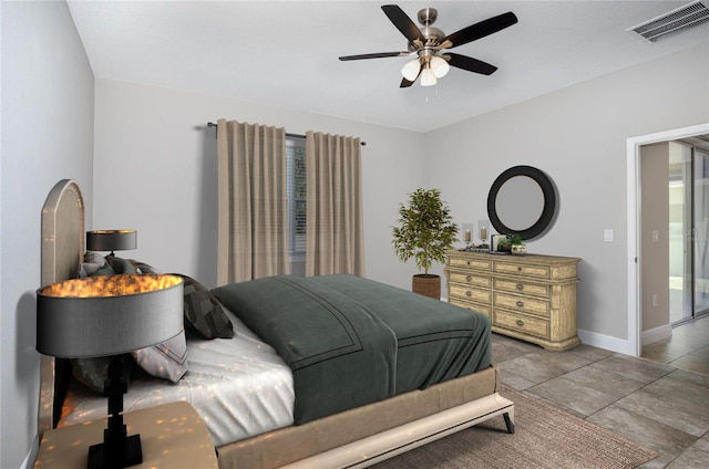 bedroom with baseboards, visible vents, and ceiling fan