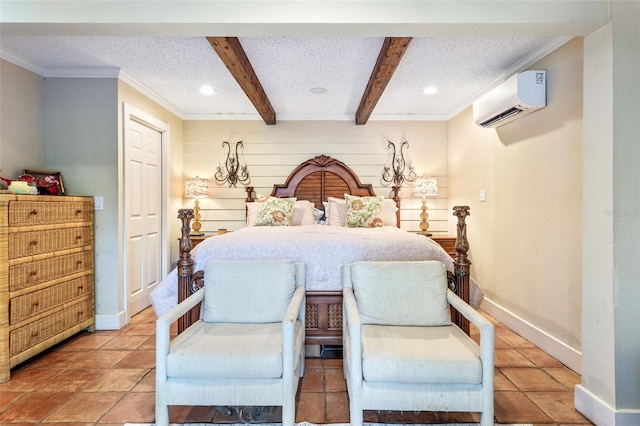 tiled bedroom featuring a textured ceiling, beam ceiling, and a wall mounted air conditioner