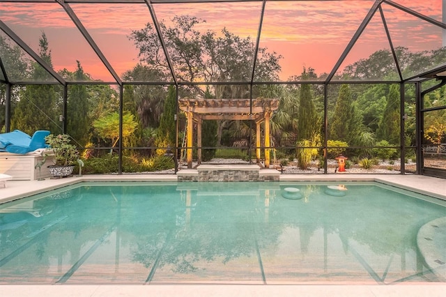 pool at dusk with glass enclosure, a pergola, and a patio area