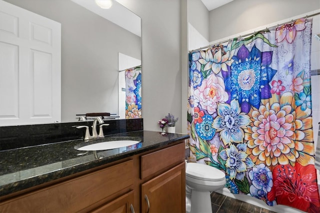 bathroom featuring vanity, toilet, and a shower with shower curtain