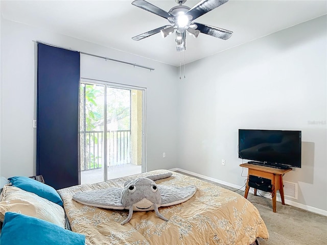 carpeted bedroom featuring ceiling fan and access to outside