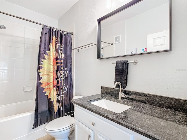 full bathroom with shower / bath combo, toilet, and vanity