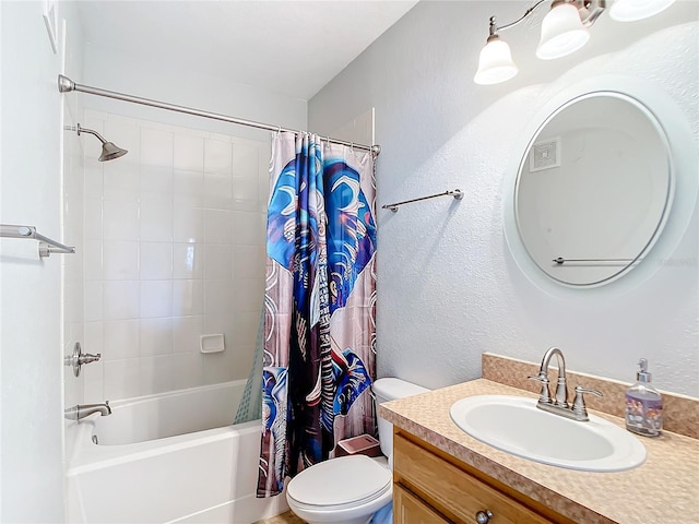 full bathroom with shower / tub combo with curtain, toilet, and vanity