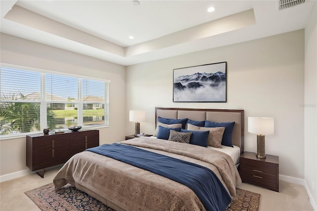 carpeted bedroom featuring a raised ceiling