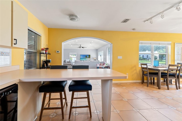 kitchen with a wealth of natural light, rail lighting, kitchen peninsula, and light tile patterned floors