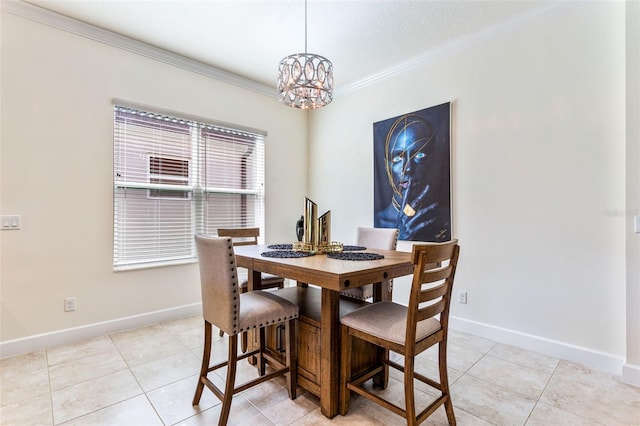 tiled dining area with a notable chandelier, crown molding, and a textured ceiling