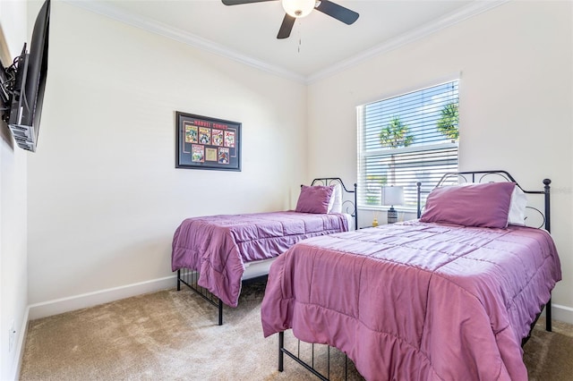 bedroom with crown molding, ceiling fan, and light carpet