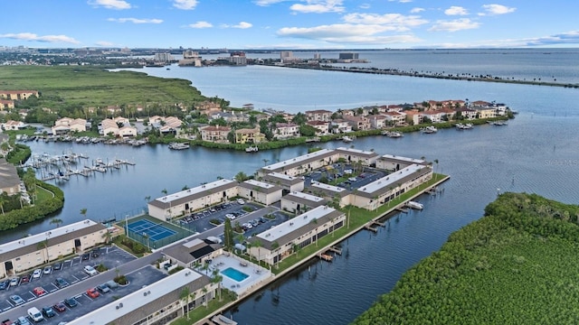 birds eye view of property featuring a water view