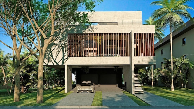 back of property featuring stucco siding, a yard, and stairs