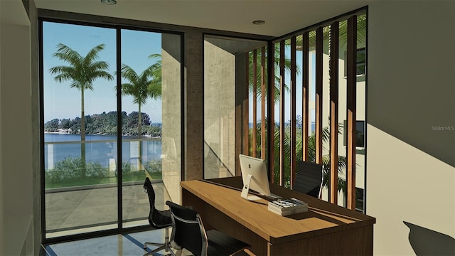 office featuring a water view